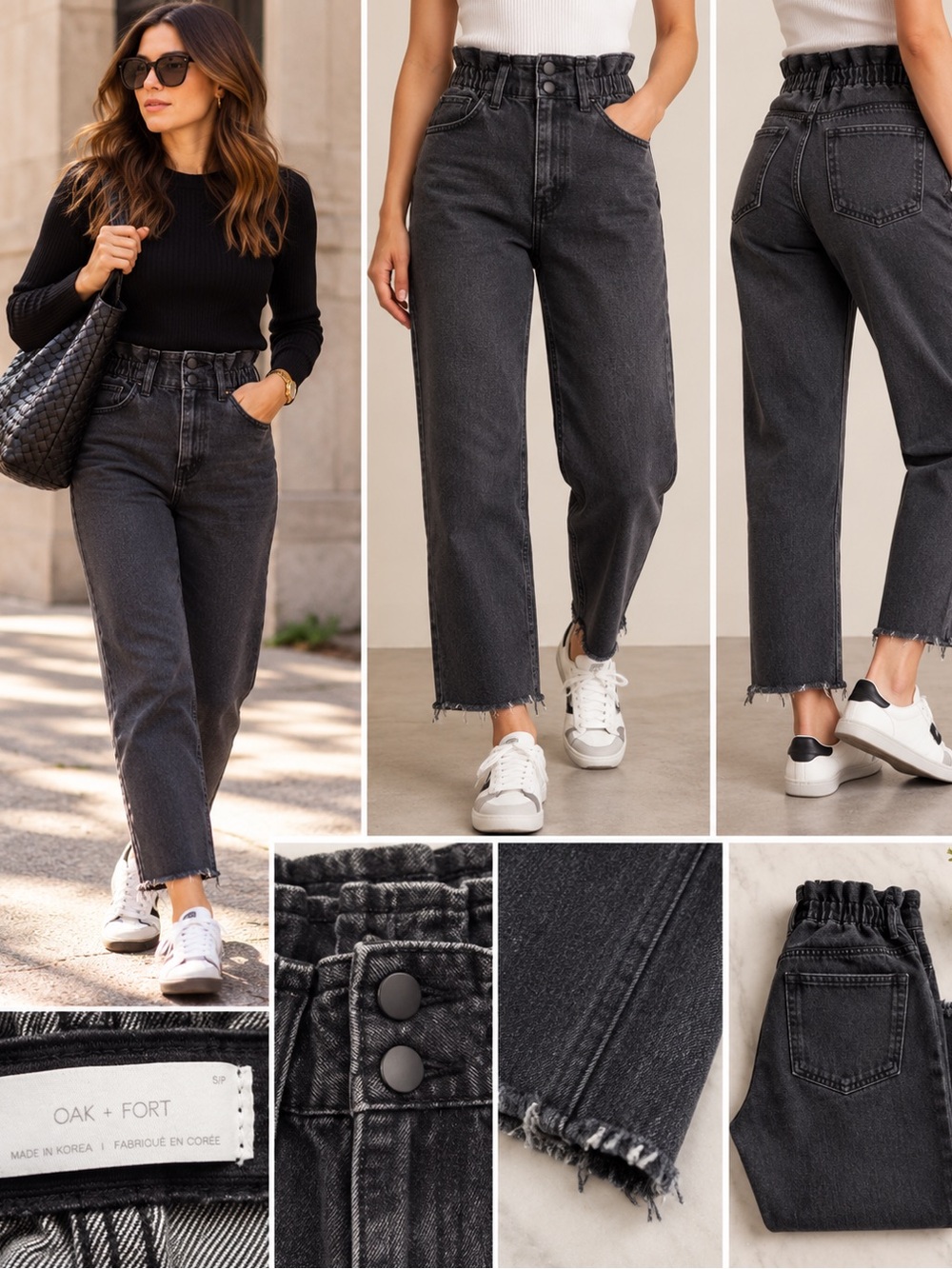 Oak + Fort Paperbag Waist Jeans Washed Black High Rise Raw Hem S
